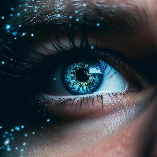 Um close-up do olho de uma mulher com olhos azuis