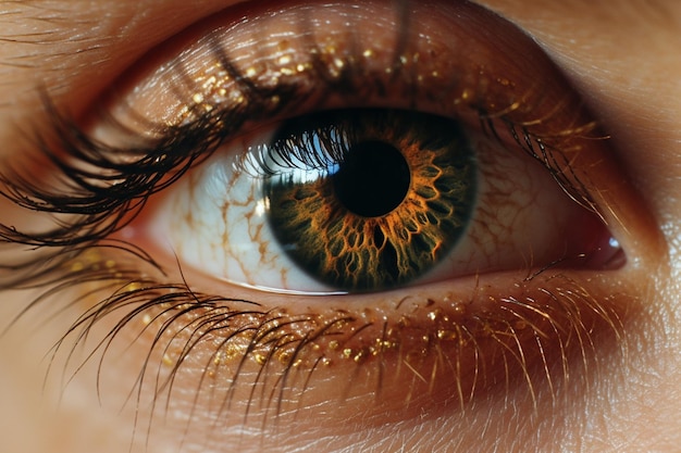 Um close-up do olho de uma mulher com um anel de ouro ao redor do olho.