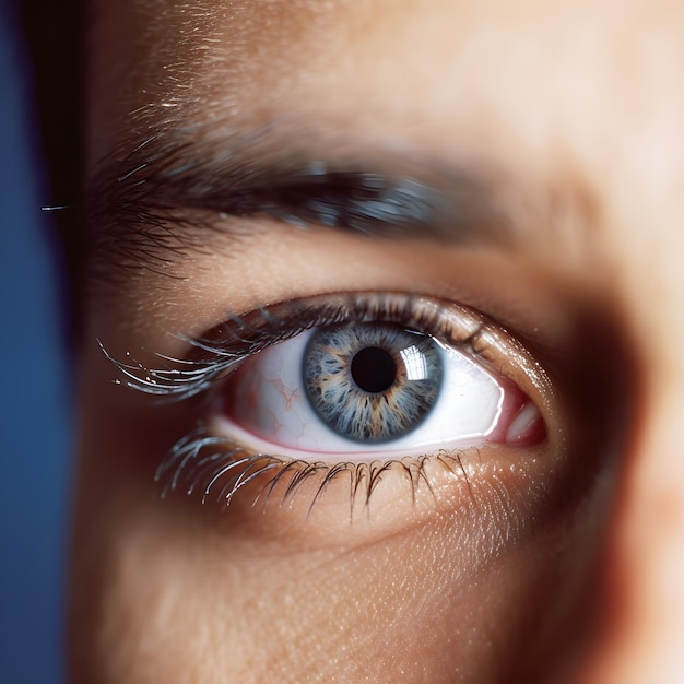 Um close-up do olho de uma pessoa com olhos azuis e um fundo azul escuro.