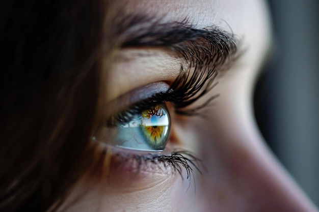 Foto um close-up do olho de uma pessoa com um reflexo amarelo ia gerativa