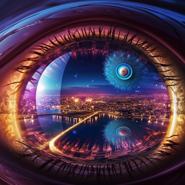 Foto um close-up do olho de uma pessoa com uma cidade ao fundo generative ai