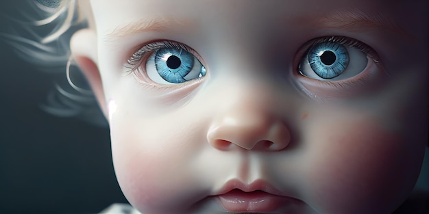 Um close-up do rosto de um bebê com IA generativa de olhos azuis