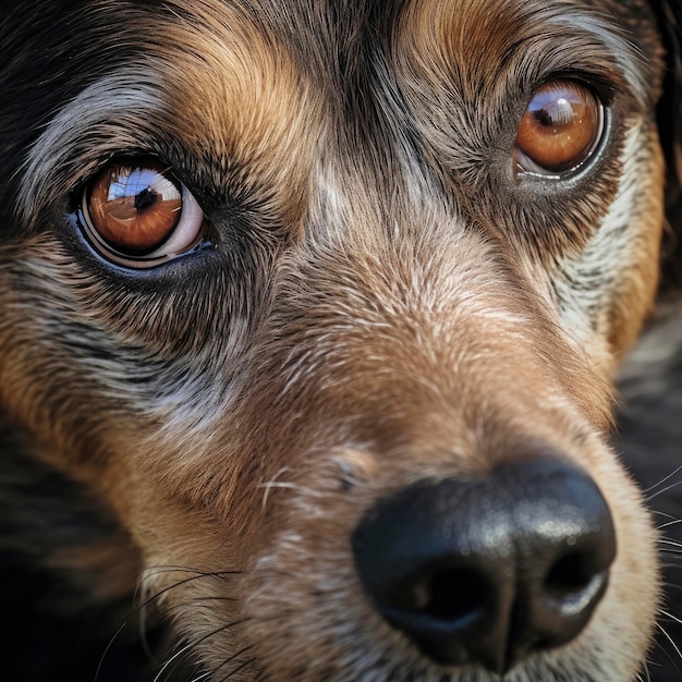 Foto um close-up do rosto de um cão com olhos castanhos