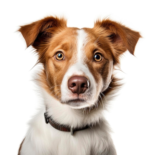 Um close-up do rosto de um cão com um fundo branco