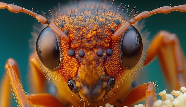 Um close-up do rosto de um inseto com uma mancha preta nos olhos