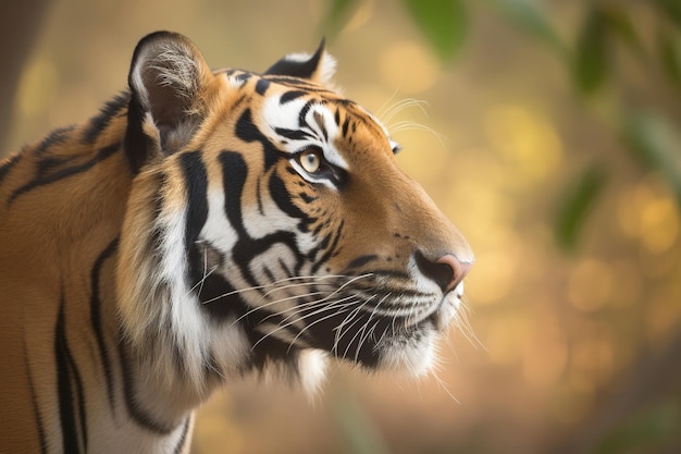 um close-up do rosto de um tigre de bengala em uma floresta