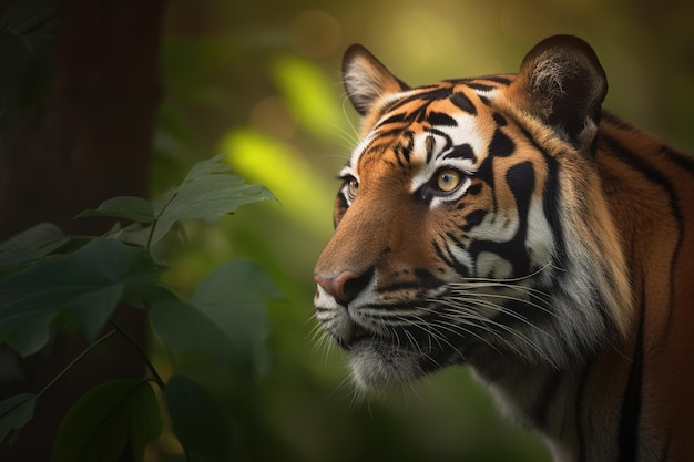 um close-up do rosto de um tigre de bengala em uma floresta