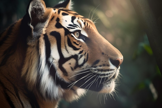 um close-up do rosto de um tigre de bengala em uma floresta