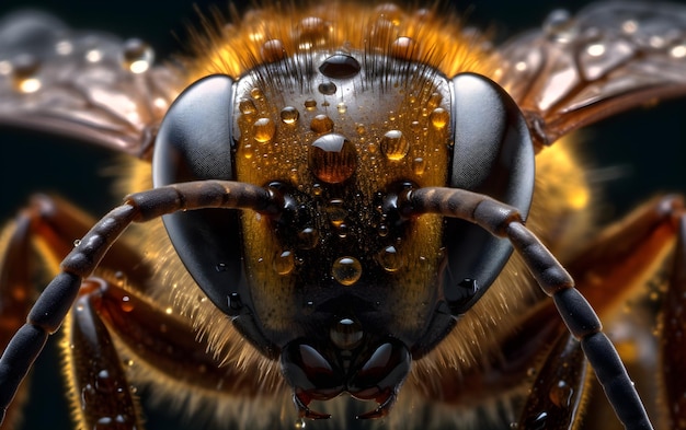 Um close-up do rosto de uma abelha com gotas de água sobre ele