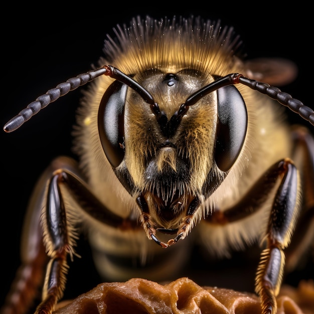 Um close-up do rosto de uma abelha com um fundo preto