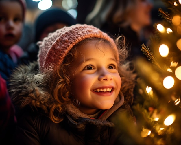 Um close-up do rosto de uma criança iluminado com alegria imagem de natal ilustração fotorrealista