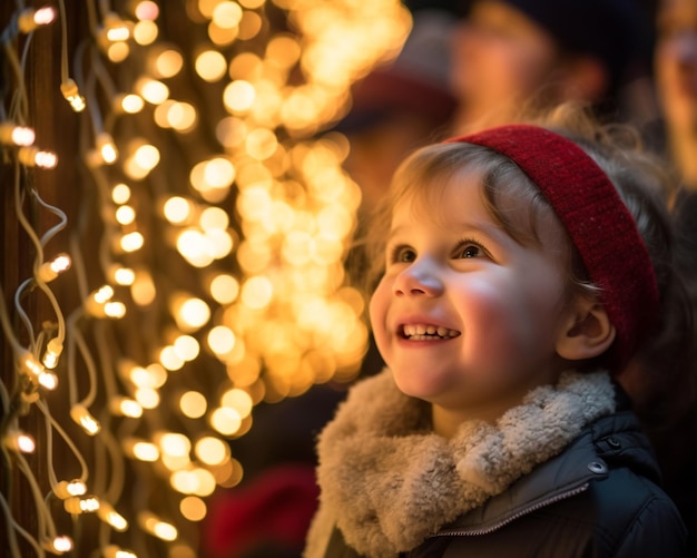 Um close-up do rosto de uma criança iluminado com alegria imagem de natal ilustração fotorrealista