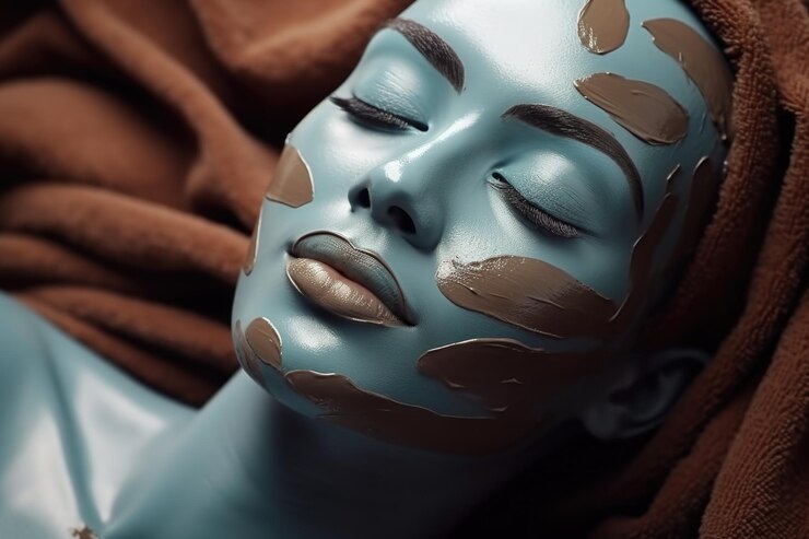 Foto um close-up do rosto de uma mulher com pintura vibrante sobre ele esta imagem pode ser usada para projetos artísticos ou para representar criatividade e auto-expressão