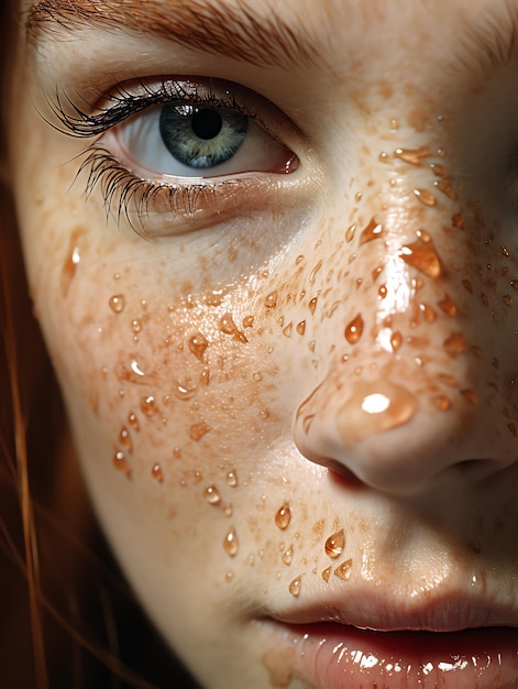 Foto um close-up do rosto de uma mulher com sardas no rosto