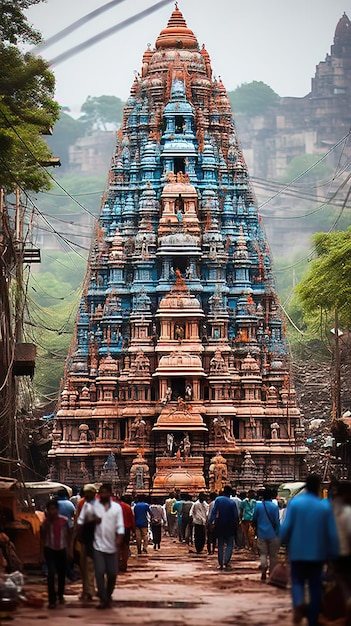 Foto um close-up do templo hindu gopuram ou gateway tower com suas esculturas elaboradas e cores brilhantes