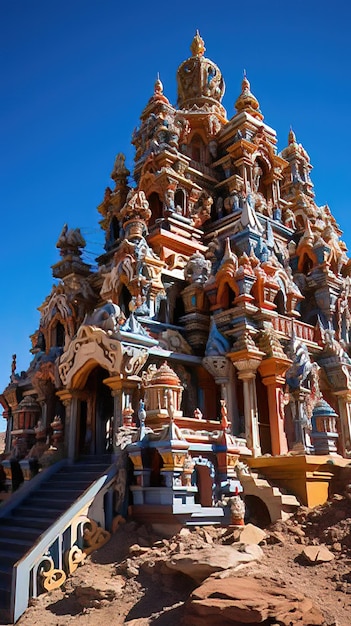Foto um close-up do templo hindu gopuram ou gateway tower com suas esculturas elaboradas e cores brilhantes