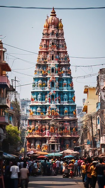 Um close-up do templo hindu Gopuram ou Gateway Tower com suas esculturas elaboradas e cores brilhantes