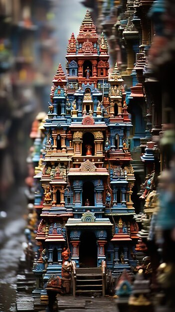 Foto um close-up do templo hindu gopuram ou gateway tower com suas esculturas elaboradas e cores brilhantes