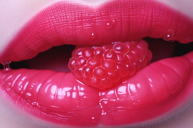 Um close-up dos lábios de uma mulher com uma framboesa nele generativa ai