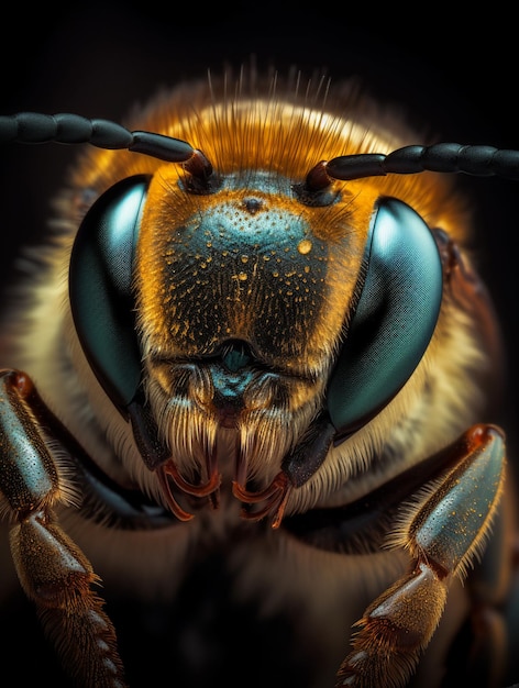 Um close-up dos olhos de uma abelha e um fundo preto