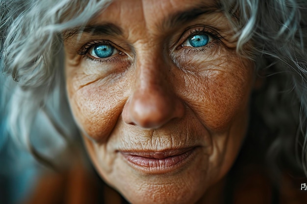 Um close-up dos olhos de uma bela mulher idosa olhando para a câmera e sorrindo maravilhosamente