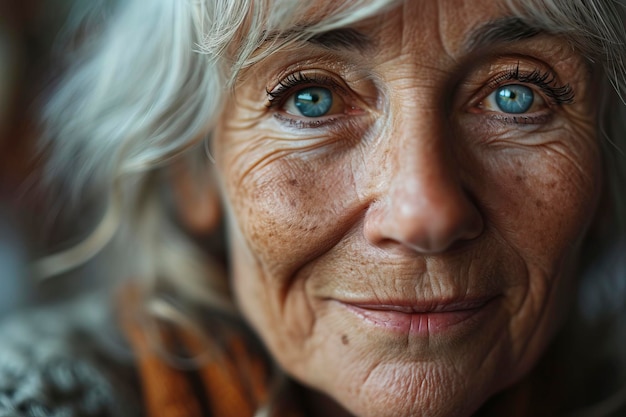 Um close-up dos olhos de uma bela mulher idosa olhando para a câmera e sorrindo maravilhosamente