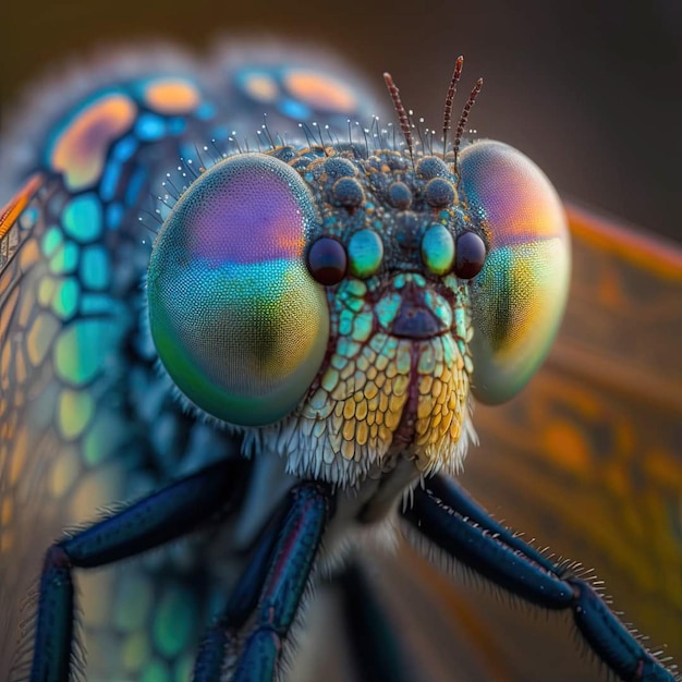 Um close-up dos olhos de uma libélula