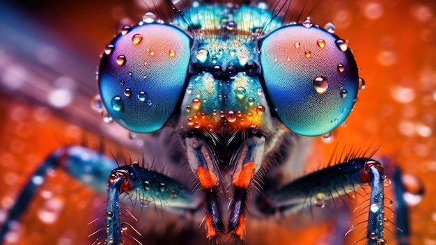 Um close-up dos olhos de uma mosca com a lente refletindo a luz.