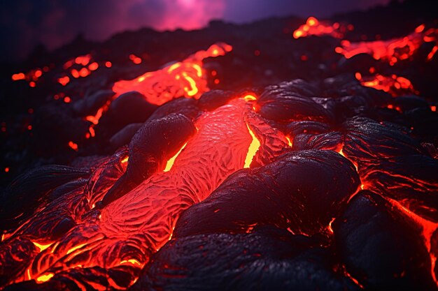 Um close-up hipnotizante do fluxo de lava em ação