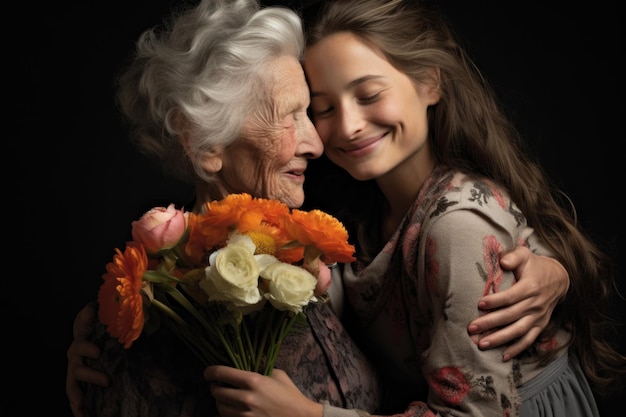 Um close-up íntimo capturando o calor de um abraço de uma jovem enquanto ela abraça uma senhora idosa, ambos sorrindo com um buquê de flores na mão.