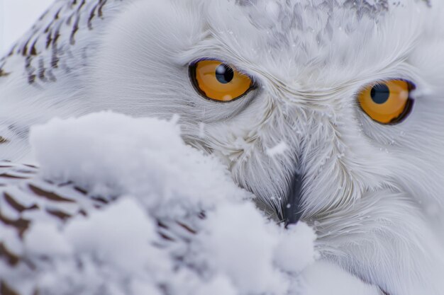 Um close-up íntimo de um rosto de coruja na neve, olhos que perfuram a alma.