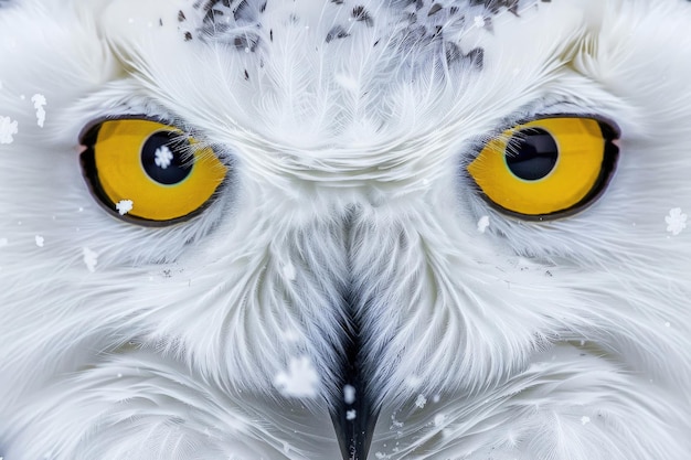 Um close-up íntimo de um rosto de coruja na neve, olhos que perfuram a alma.