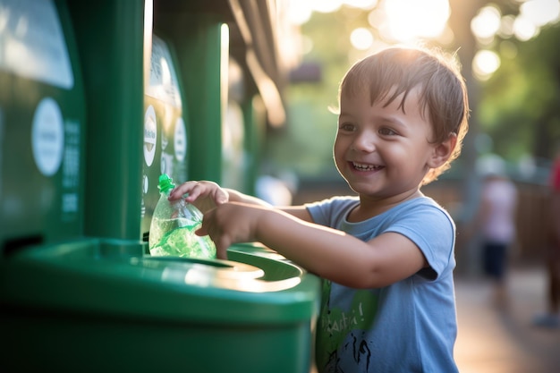 Um close-up íntimo de uma criança jogando uma garrafa de plástico em uma lixeira com um sorriso