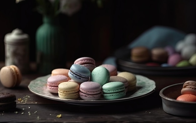 Um close-up macarons em um fundo vintage doce sobremesa padaria comida ai gerado