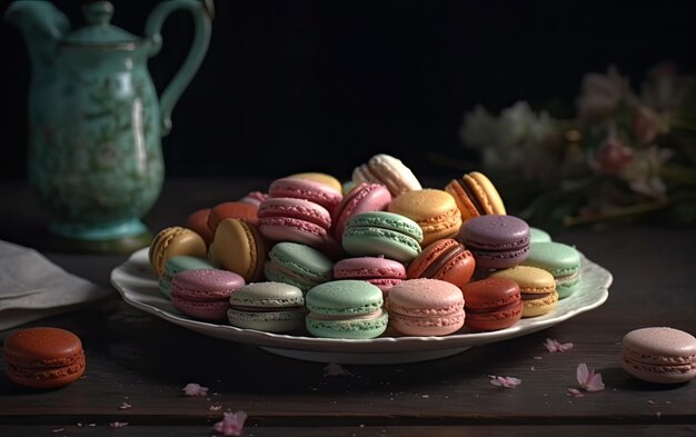 Um close-up macarons em um fundo vintage doce sobremesa padaria comida ai gerado