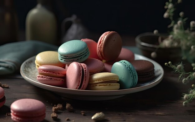 Um close-up macarons em um fundo vintage doce sobremesa padaria comida ai gerado