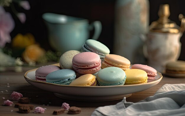 Um close-up macarons em um fundo vintage doce sobremesa padaria comida ai gerado