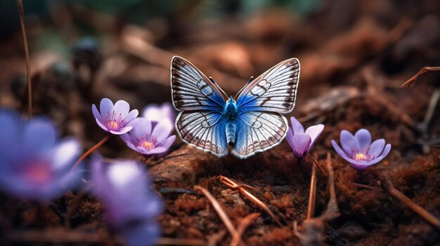 Um close-up mágico de uma borboleta empoleirada em uma flor de anêmona em uma clareira de floresta de primavera com um toque vintage quente