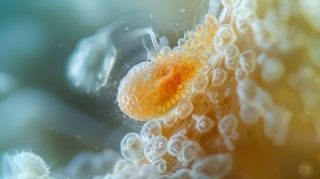 Um close-up microscópico de um ovo de verme que se abre, liberando seu conteúdo e eclodindo em um pequeno