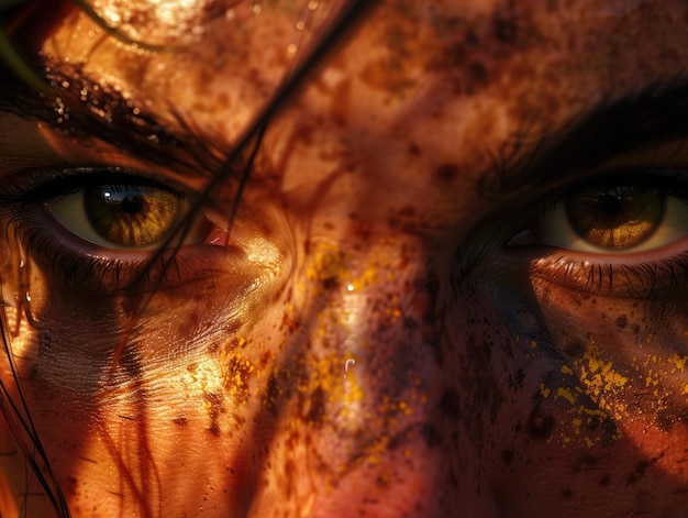 Foto um close-up mostrando o rosto de uma mulher com olhos amarelos incomuns que emanam uma sensação de mistério e fascínio