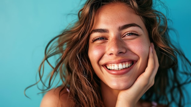 Foto um close-up mostrando o sorriso confiante de uma jovem com dentes puros