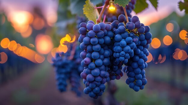 Um close-up mostrando um cacho de uvas pendurado em uma videira em uma vinha