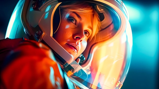 Um close-up revela a resiliência nos olhos de uma astronauta feminina adornada com um traje espacial elegante um retrato de força na vastidão do espaço