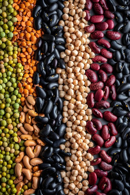 Foto um close-up vibrante de vários feijões em um padrão artístico enfatizando a diversidade natural e a nutrição