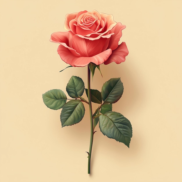 Um close vibrante de uma única rosa vermelha com pétalas detalhadas e folhas verdes