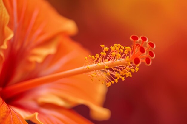 Um close vibrante do estame da flor de hibisco laranja em plena floração