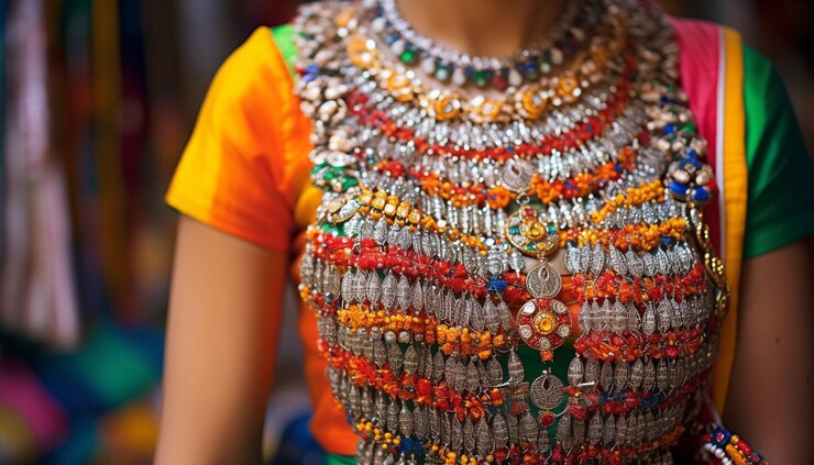 Foto um closeup de jóias tradicionais maharashtrian usadas durante gudi padwa
