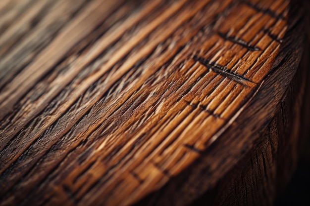 Foto um closeup detalhado de um pedaço de madeira descansando em uma mesa esta imagem pode ser usada para retratar texturas naturais de madeira ou como fundo para vários projetos de design