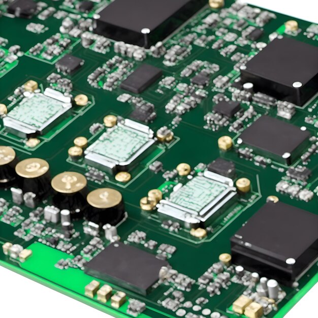 um closeup detalhado de uma placa de circuito com componentes eletrônicos e chips intrincados