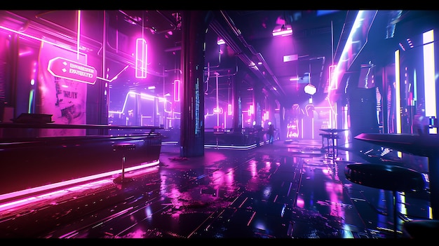 Um clube noturno escuro e mal-humorado com luzes de néon refletindo-se no chão molhado o clube está vazio exceto por algumas pessoas sentadas no bar